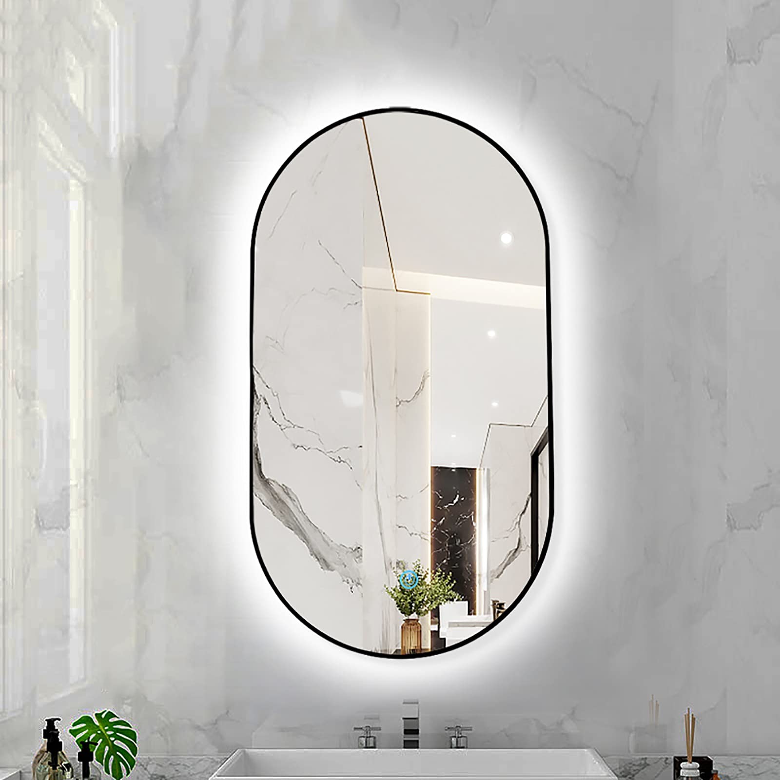 Specchio Espejo de baño ovalado retroiluminado - Espejo de tocador de pared con Sensor táctil - Espejo de maquillaje con Luz LED regulable y Marco de Metal Negro (50 x 80 cm)