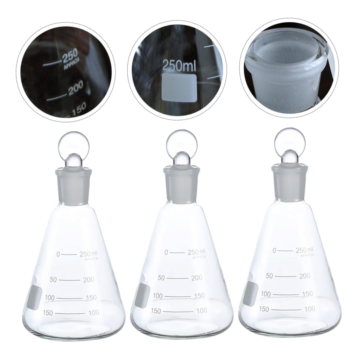 POPETPOP Matraces Erlenmeyer 3 Unids Vidrio Erlenmeyer Frasco Conjunto con Tapón de Goma Escalas Precisas para Experimentos de Laboratorio Estudios de Ciencias de La Química Etc.