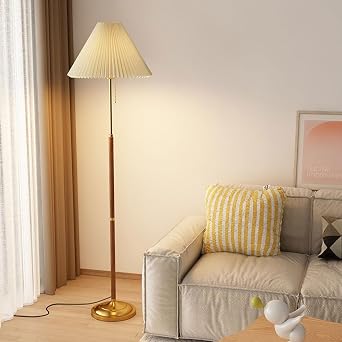 64" Modern Pleated Floor Lamp Standing Light with Fabric Shade Dimmable Pole Floor Lamps with Foot Switch Wood Iron Tall Standing Lamp for Living Room Bedroom Study