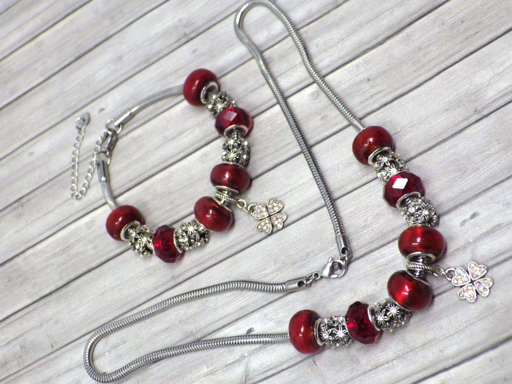 Damen Schmuckset aus Edelstahl mit Charms Halskette Armband und Kristall Kleeblatt Anhänger