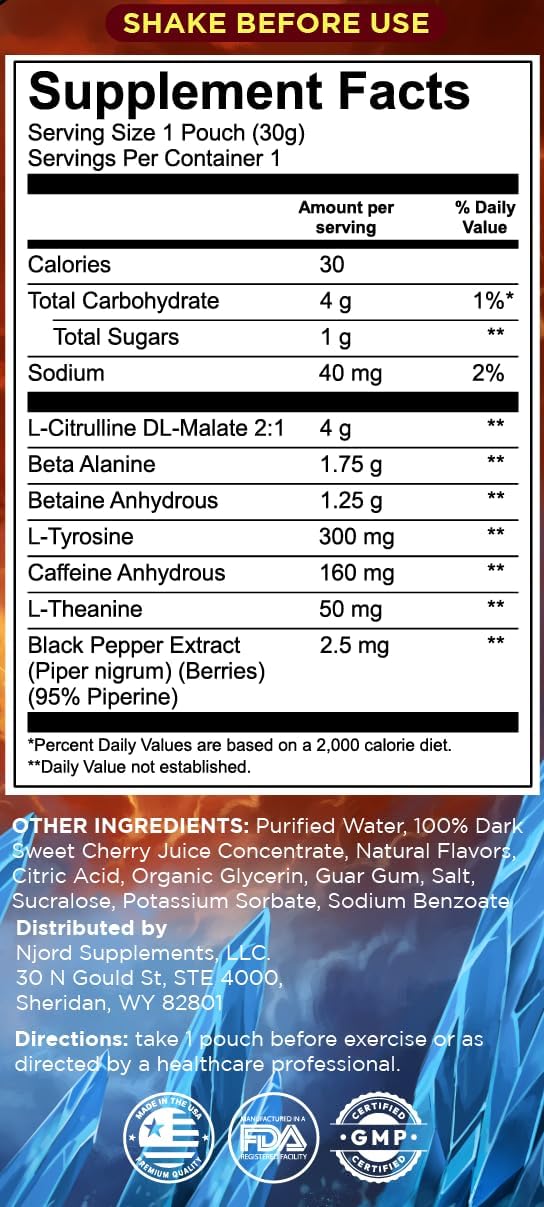 Pre Workout Gel, High Stim Energy Gel Shot, 160mg Caffeine, 4000mg L-Citruline, Low Sugar Sport Supplement for Athletes On The Go, Pack of 30