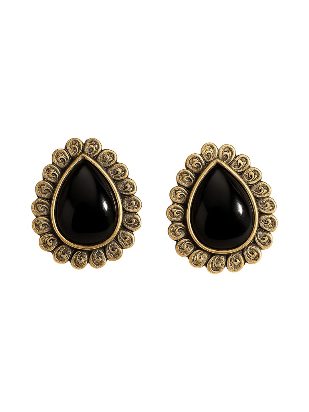 ADIVA Antique Gold-Plated Black Onyx Stone Textured Floral Stud Earrings, Traditional Stylish Studs Earrings for Women Party, Wedding, Bridal, Occasion, Festive
