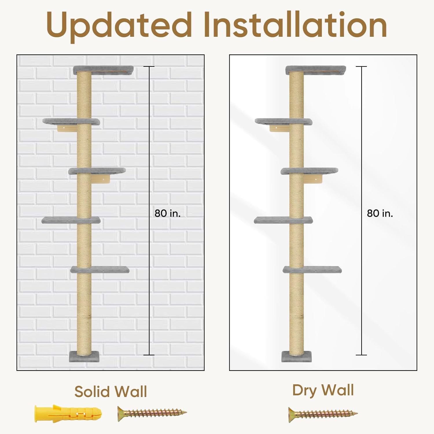 PAWSCRAT Cat Wall Shelves, Wall-Mounted Cat Tree, 5 Tier Floor to Ceiling Cats Tower, 80 Inch Wall-Mounted Cat Scratching Post, Space Saving Cat Furniture and Easliy Climb for All Cats, Gery