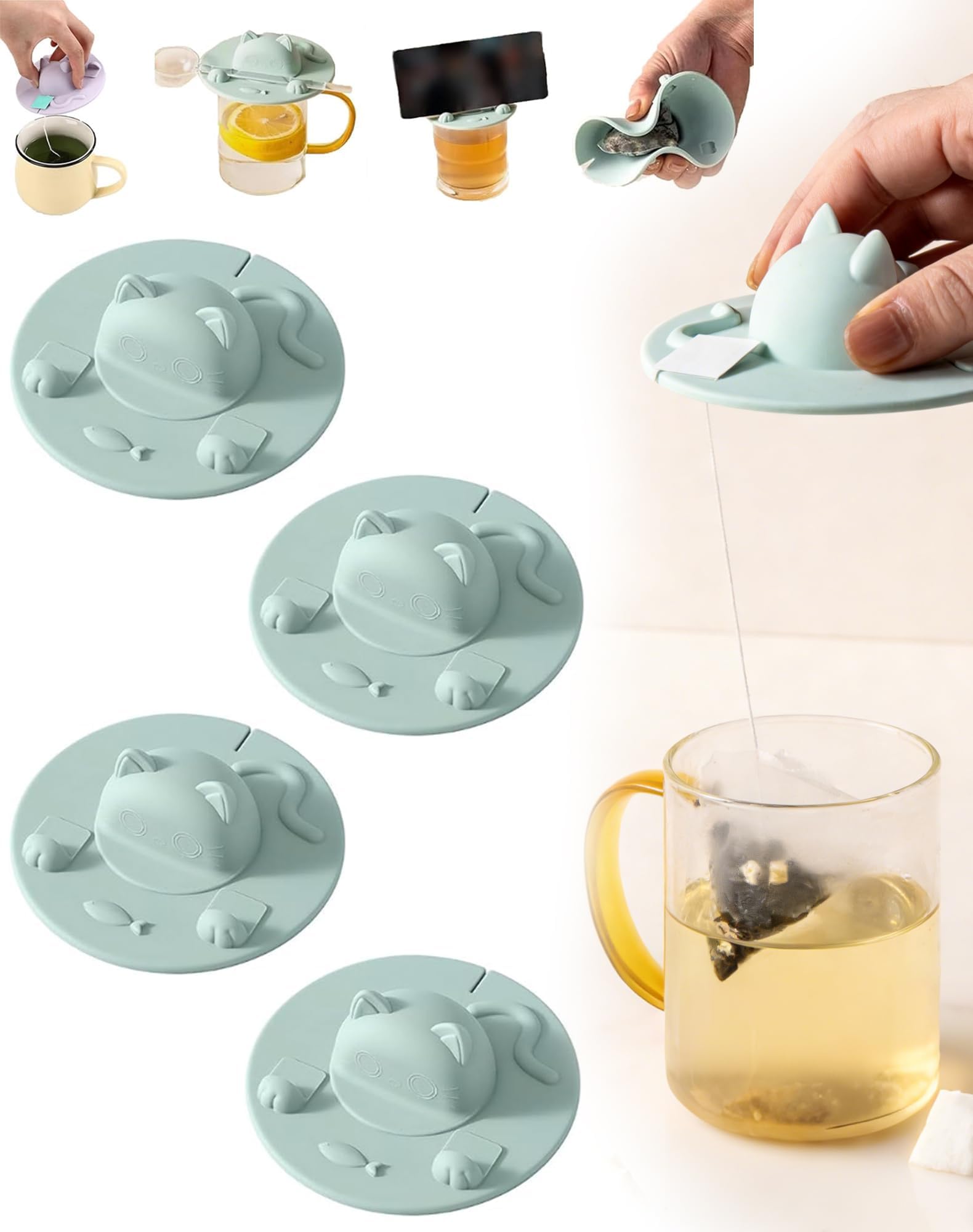 Silikon-Teebeutelhalter für Tasse, Katzen-Design, Teebeutelhalter, Deckel und Presse, wärmespeichernd, Deckel für Kaffee, Milch, Tee (4, Grün)
