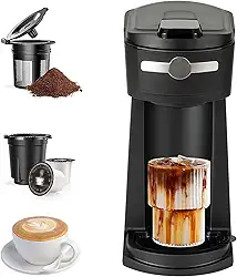 Cafeteira de caneca K de uma só porção, máquina 2 em 1, tamanhos de infusão de 6 a 14 onças, desligamento automático e filtro reutilizável, utiliza cápsulas de café, café moído e chá de folhas soltas,