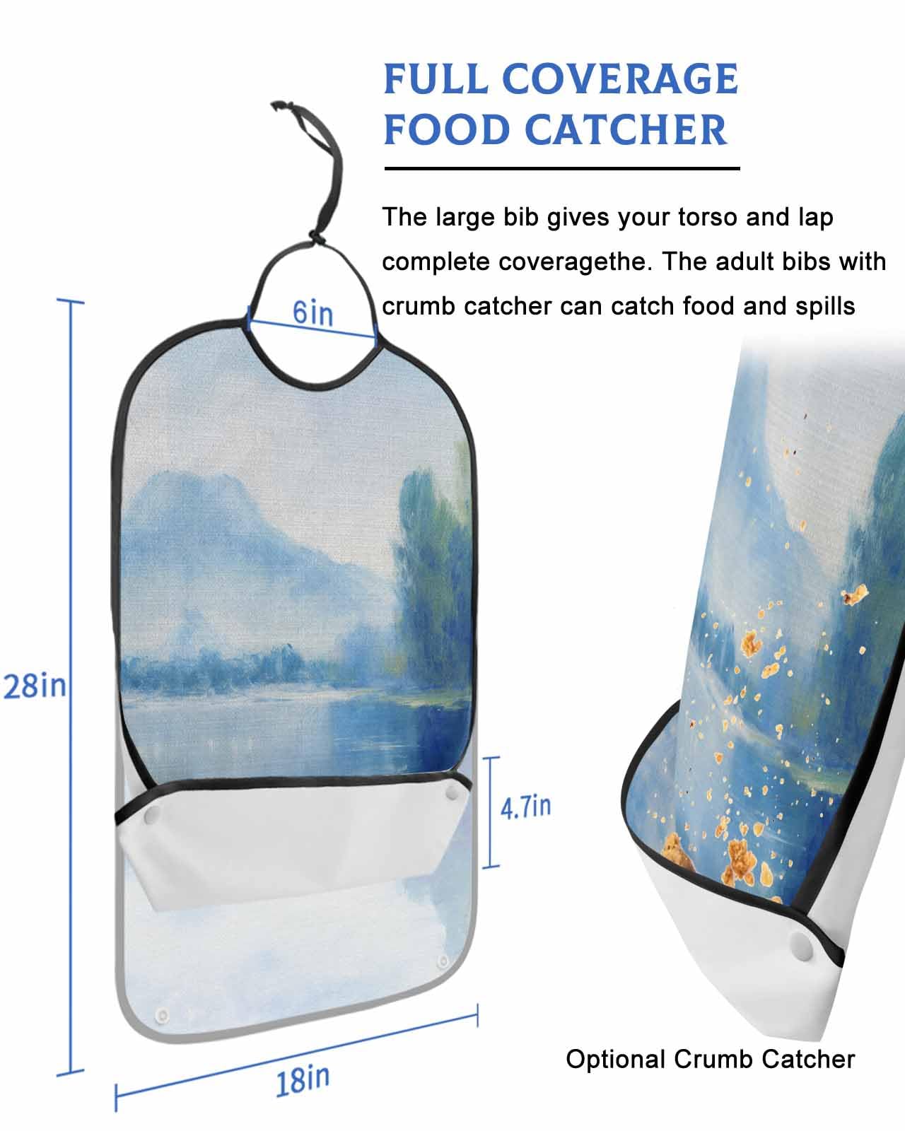 Onekaccu Mauntain Blue Adult Bibs for Elderly Women Men Washable Bibs for Eating, Abstract Natural Watercolor Oriental Landscape Waterproof Clothing Protectors Adult Bibs with Crumb Catcher