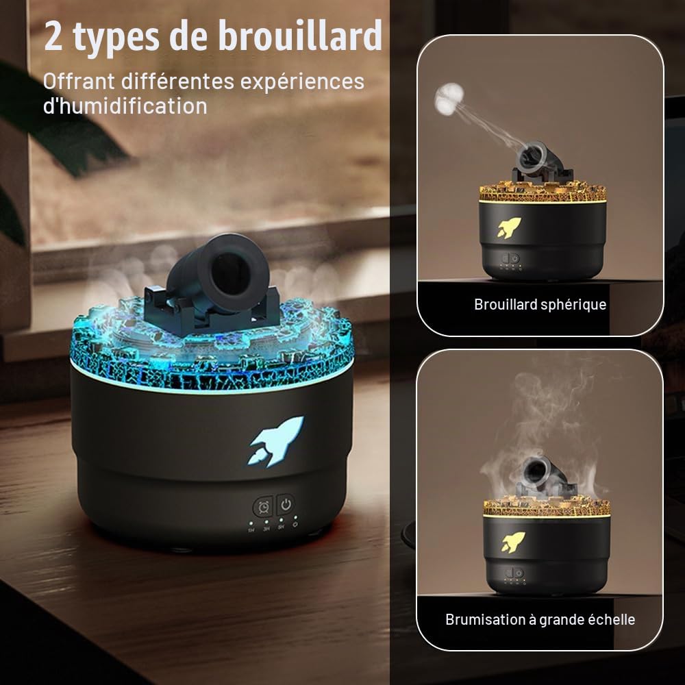 Mini Humidificateur d'air, 280ml Humidificateur Brume en Forme de Canon, 2 Modes, Silencieux, Diffuseur Huiles à Lumières Colorées pour Plantes, Bureau, Voiture, Chambre à Coucher
