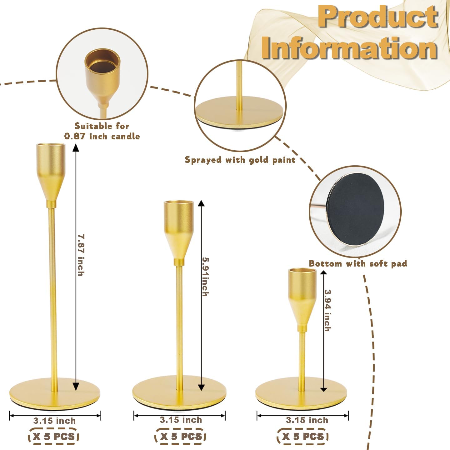 Matte Gold Candle Holders Bulk Painted Gold Metal Candlesticks Fit 0.8 Inch Taper Candles Decorative Metal Candelabra for Wedding Home Holiday Anniversary Party Dinning Table Decors (Set of 15)