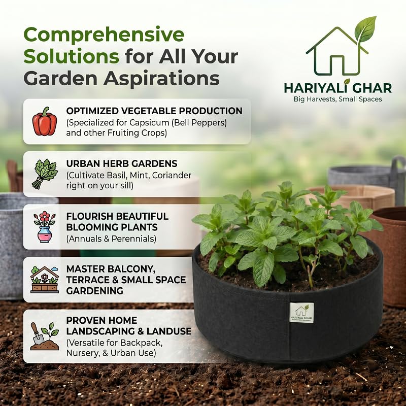 Image of 400 GSM Geo Fabric Round Grow Bags 18x6 Inch, Black Planting Bags for Terrace and Kitchen Gardening Pack of 5