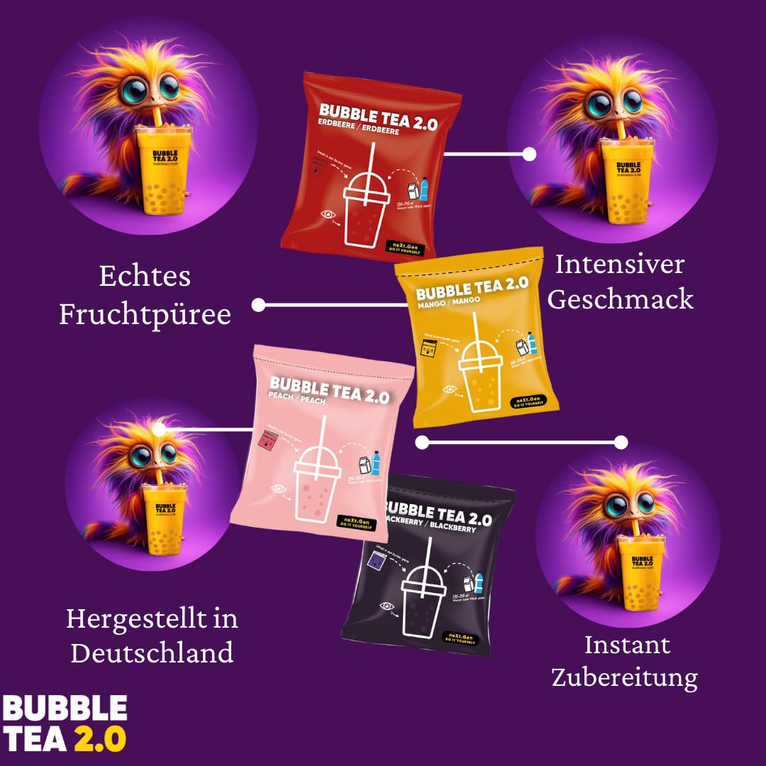 Bubble Tea 2.0 Party Set Erdbeere Pfirsich Mango Brombeere 10x Instant Bubble Tea mit Becher Deckel Strohhalme