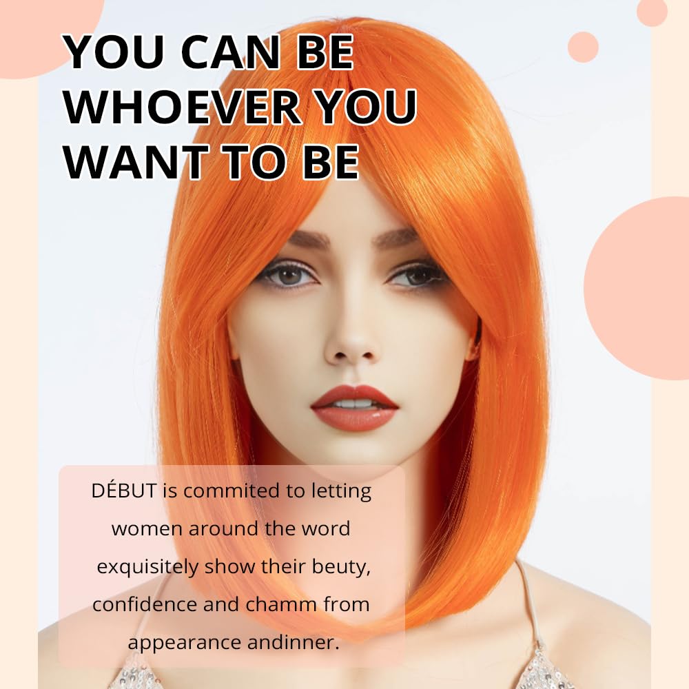 DÉBUT Straight Bob Hair Orange Wig with Fringe for Women Heat Resistant Synthetic Glueless Lace Wigs with Bangs for Daily Party Cosplay Wear(10 inches - Image 4