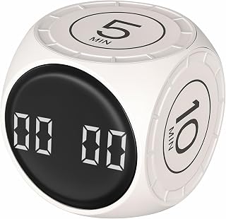 Rotating Pomodoro Timer 5/10/25/50, Desk Productivity Flip Timer, ADHD Tool | Countdown/Stopwatch Cube, Vibration/High/Low Volume/Custom Modes, for Kitchen, Work Study, School (White)