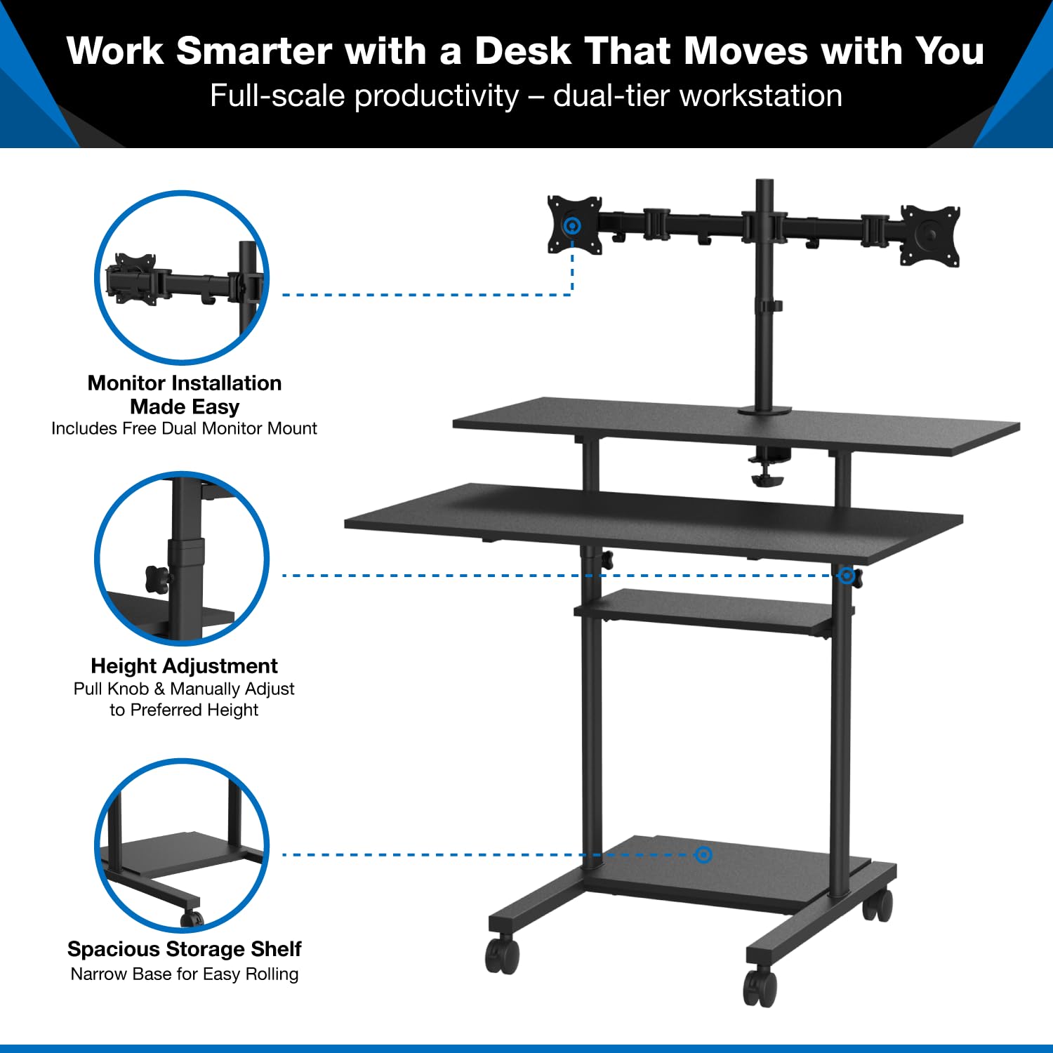 Mount-It Mobile Standing Desk with Dual Monitor Mount - 40 Inch Wide Height Adjustable Rolling Computer Workstation with — view 6