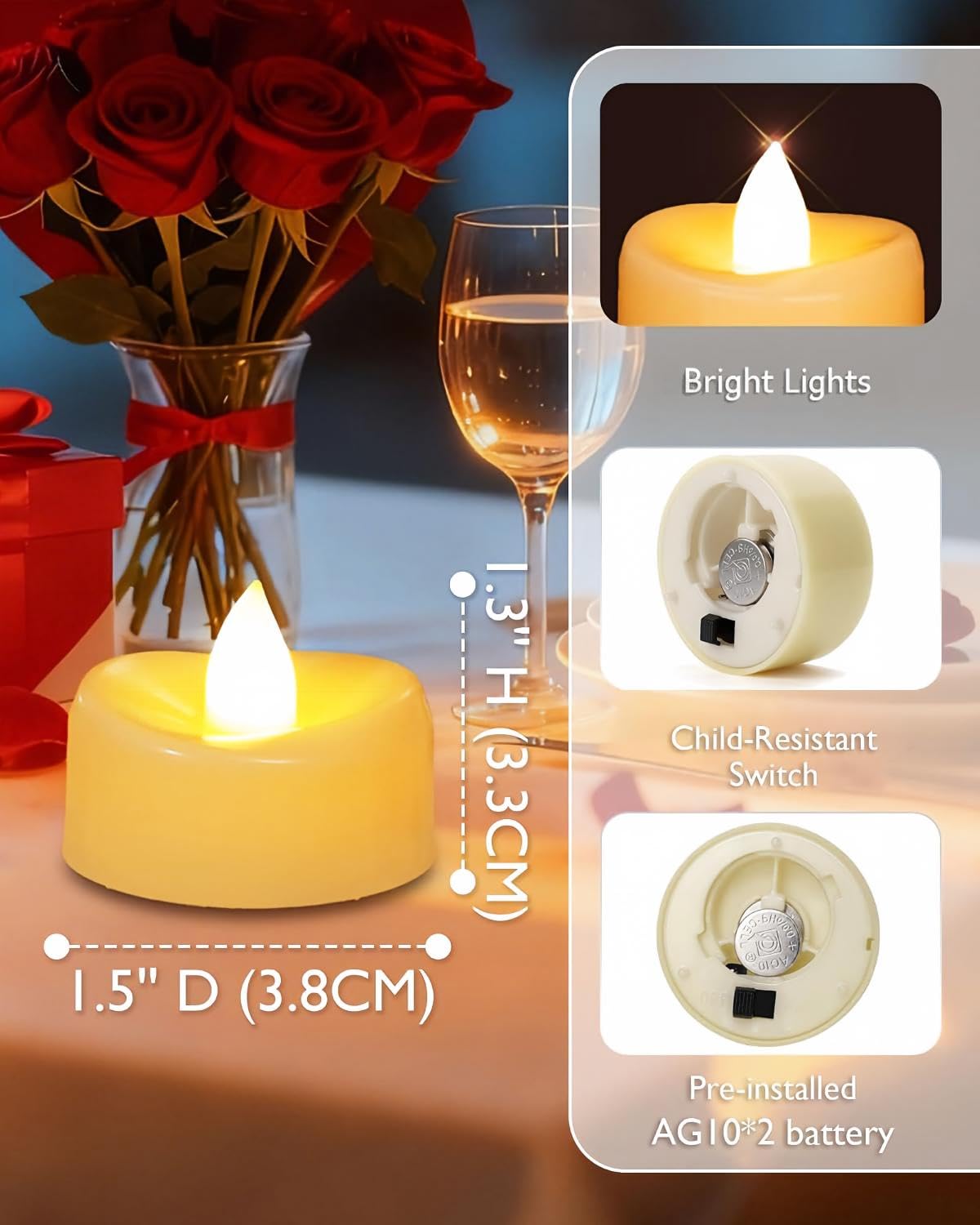 AMAGIC Lumini LED bianco caldo con batteria, 50 pezzi, rivestimento in cera | Mobius Design - Candele elettriche a LED per San Valentino, Halloween, Natale, matrimonio, decorazione da tavolo e casa