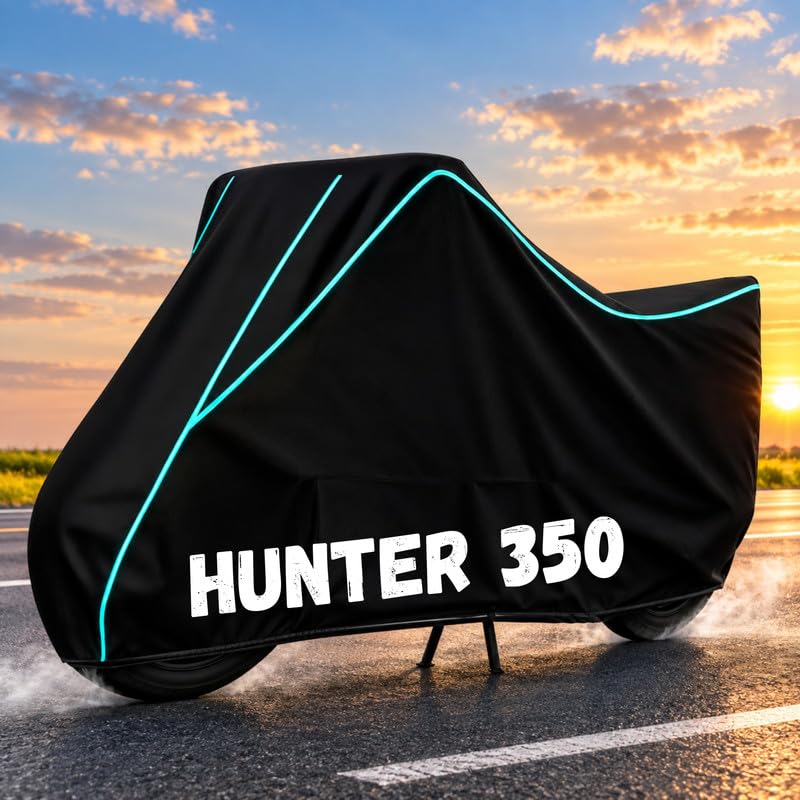 Image of Bike Body Cover for Hunter 350 - Heavy Duty Waterproof, Dustproof & Scratch Resistant Motorcycle Cover, Full Body Outdoor Cover with UV & Rain Protection, Black Aqua Piping