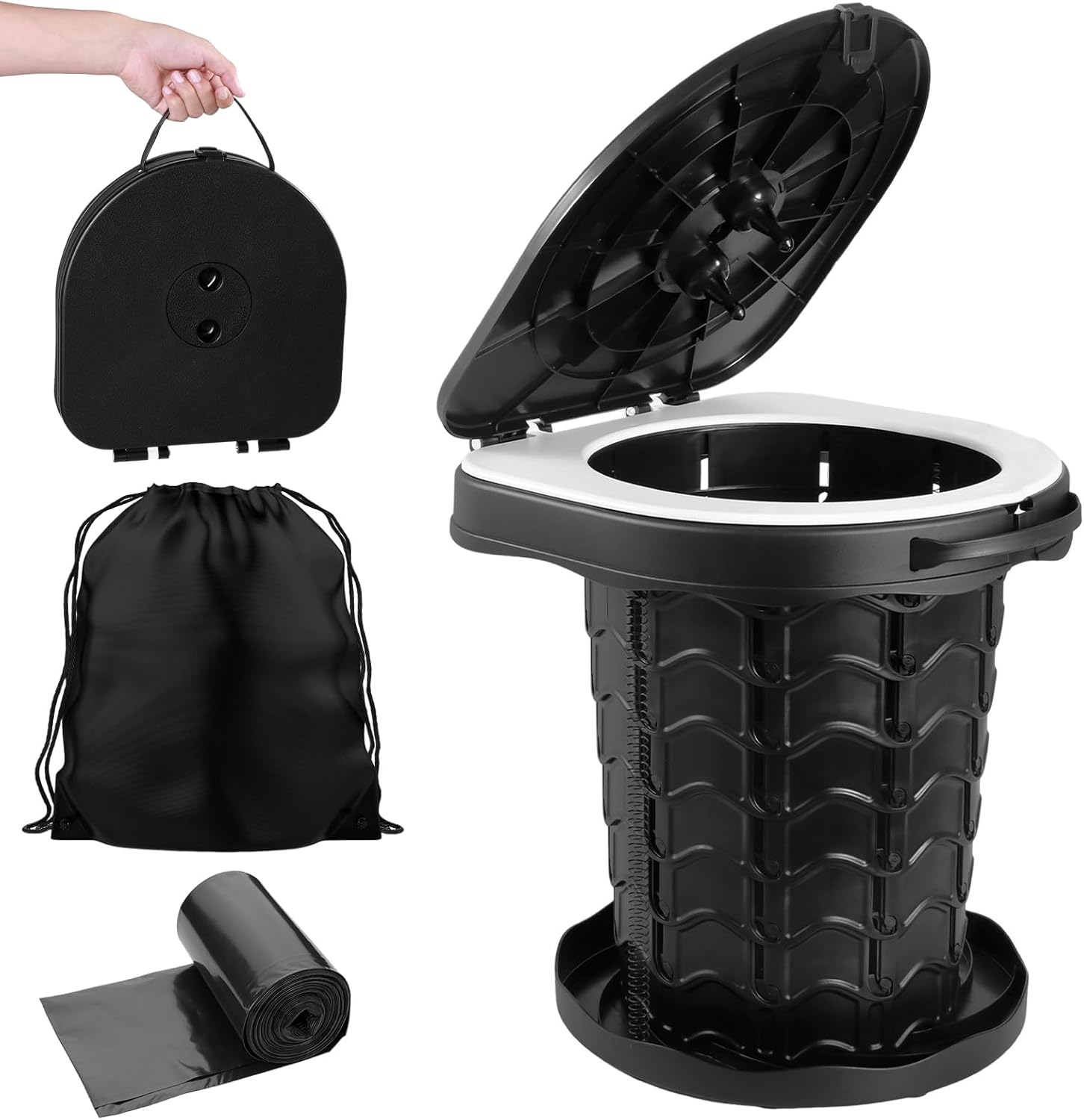Collapsible Portable Toilet with Odor-Lock Lid - 1-Minute Setup Adjustable Height (2.95in-13.58in) 400lbs Capacity, Backpack-Friendly 3-in-1 Camp Potty for Camping, Hiking, Car, RV & Emergency Use