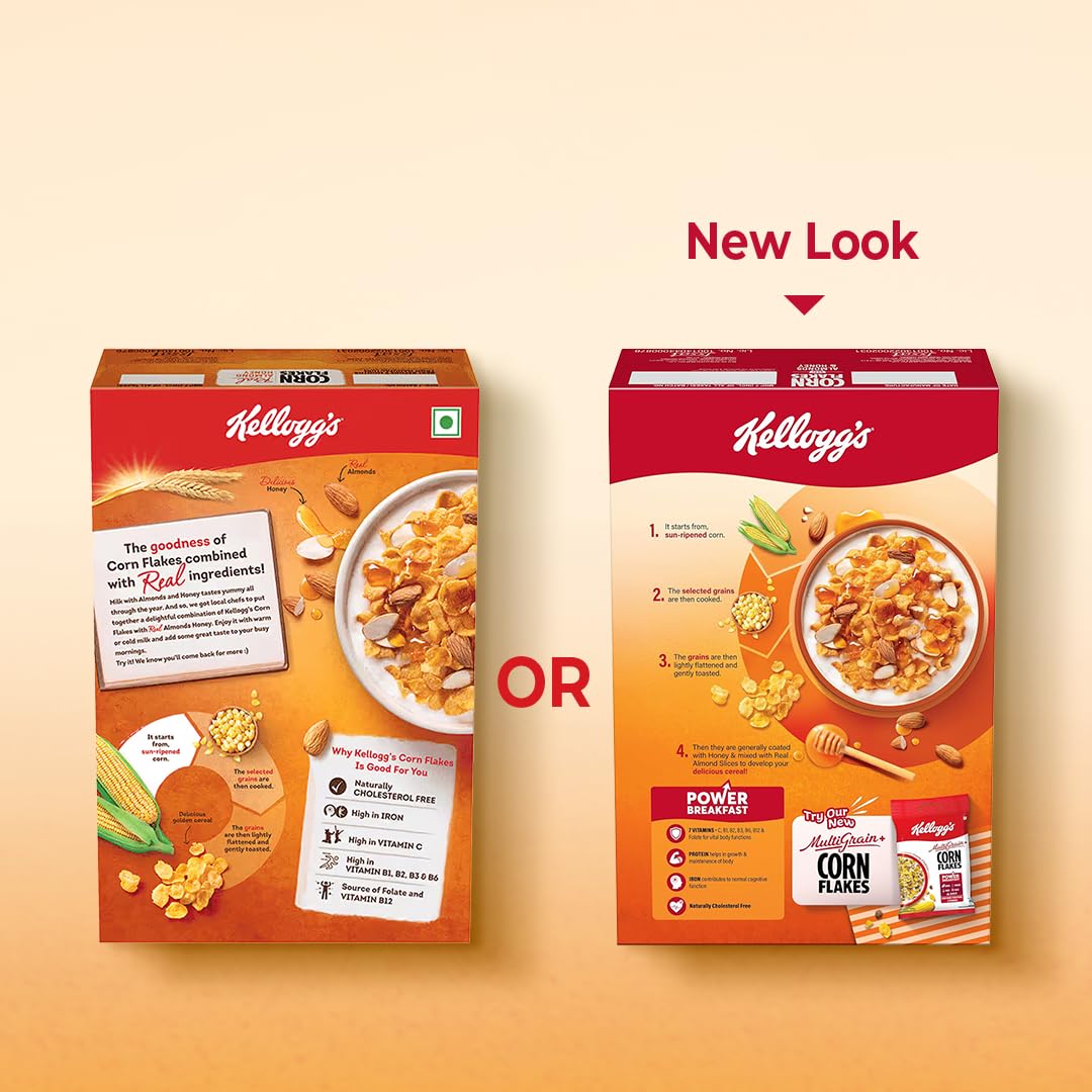 Kellogg's Corn Flakes Real Almond Honey 300g| High in Iron, Vitamin B1, B2, B3, B6 & C | Naturally Cholesterol Free | Corn Flakes, Breakfast Cereal 1