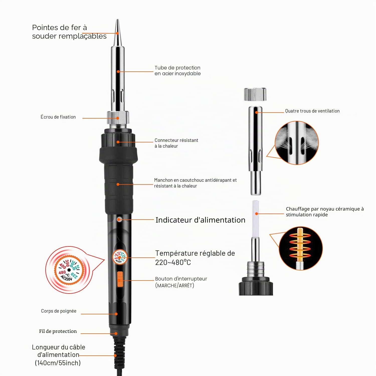 Preciva 11 in 1 Fer à Souder Set, 60W Température Réglable 220~480℃, 5 Pannes à Souderage, 1 Pince, Barre de Soudure avec ON/OFF pour la Maintenance Electrique (Noir)