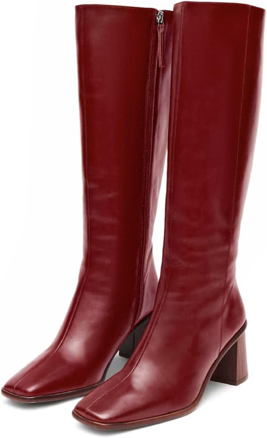 SOVANYOU Knee High Boots for Women Faux Leather Chunky High Heel Tall Boot Fashion Square Toe with Side Zip Comfortable Fall Winter boots