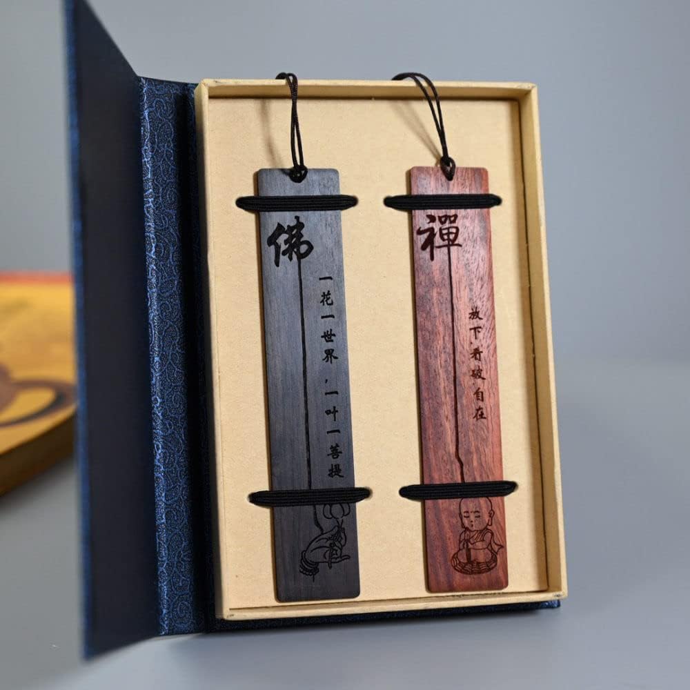 2 Pieces Wooden Bookmarks with Box,Wood Carving Handicrafts Book Mark Bookmarks Box Set,Buddha Bookmark for Women Men and Book Lovers
