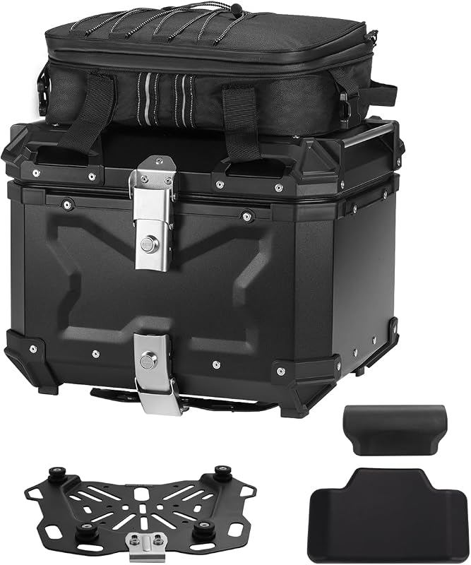 Juego de valija superiores para motocicleta, que incluye caja trasera, soporte de base, respaldo, bolsa, estuche impermeable para casco de motocicleta con mango de aluminio, caja trasera con cerradura de seguridad (negro, 45L)