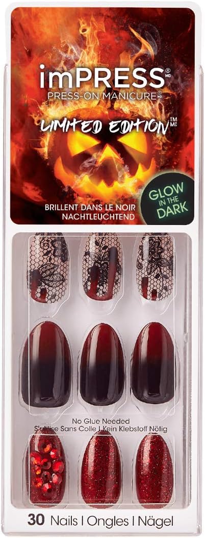 Kiss imPress Press-On Manicure Nails Burgundy Ombre (Lace Design) Almond Shape Halloween Limited Edition Glow-in-the-Dark Nails HBIPD66 Run Away