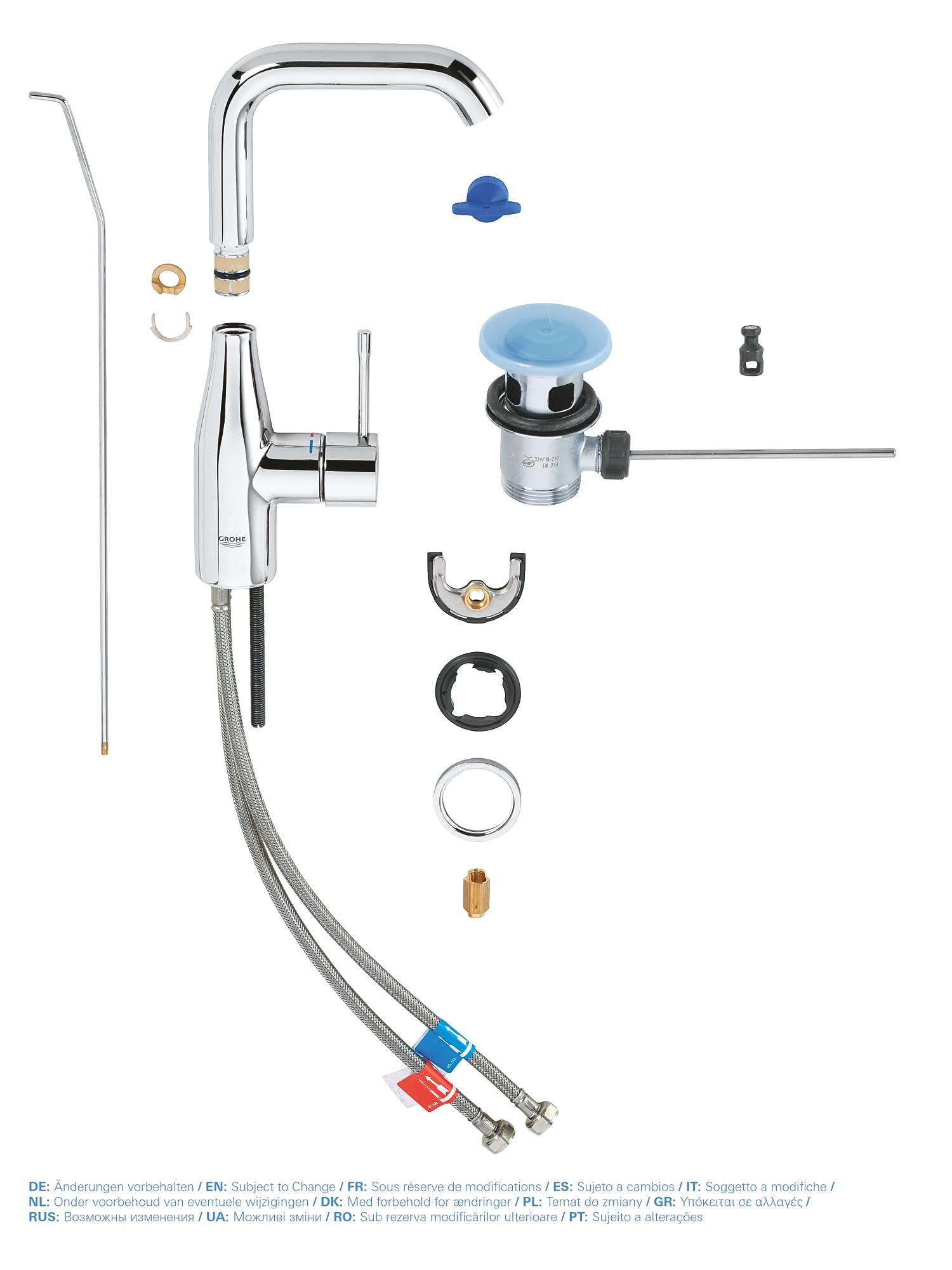GROHE Essence - Grifo de lavabo de caño alto, ahorro de agua (Monomando de baño con vaciador automático, 24 cm de altura, acabado duradero, fácil instalación), cromo, 32628001