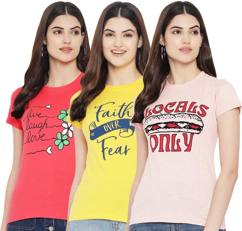 Preneum Women's Cotton Regular Fit Graphic Printed T-Shirt | Trendy Stylish Casual Round Neck Short Sleeve Tee | Soft & Breathable | Pack of 3