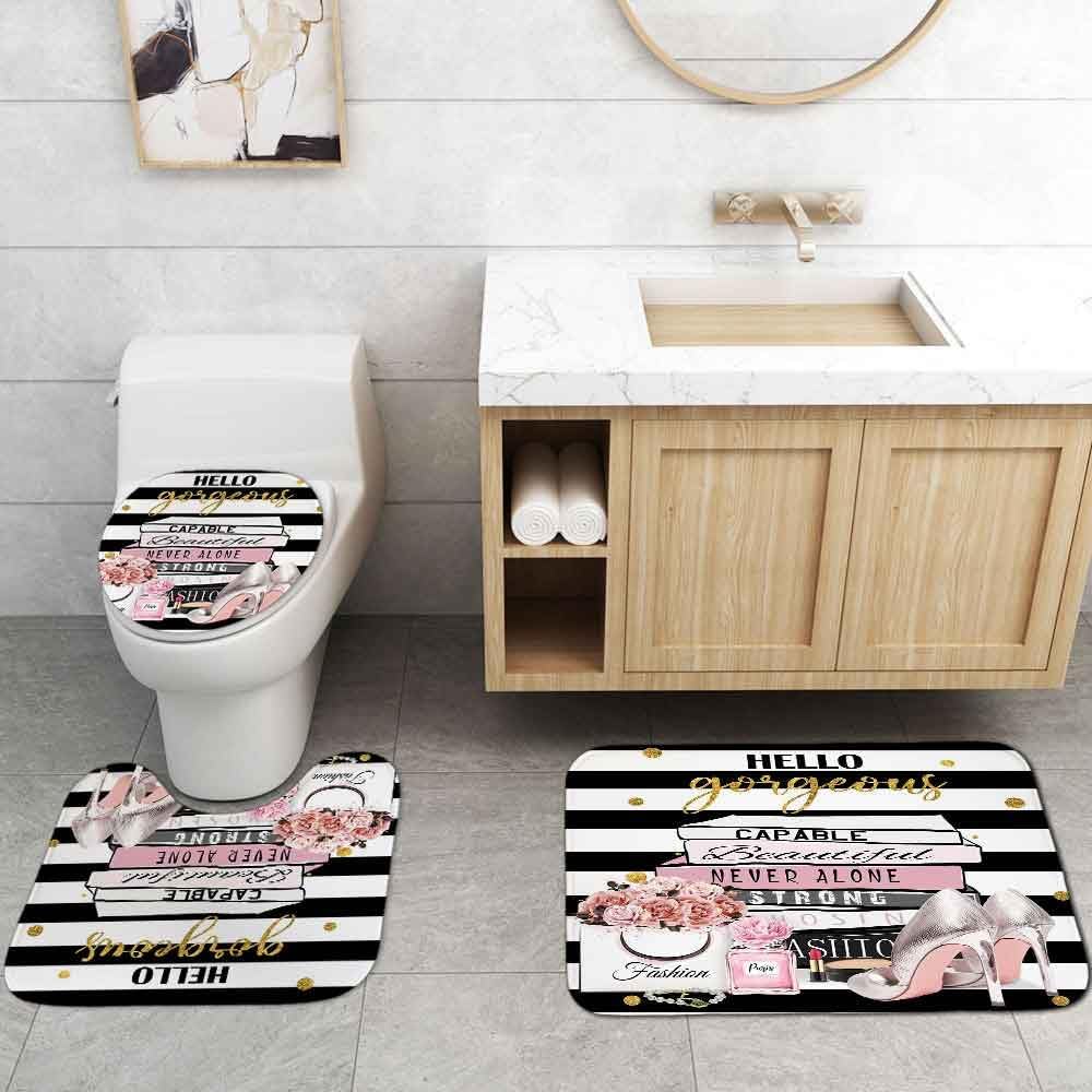 4PCS Fashion Shower Curtain Sets with Rugs, Waterproof Fabric Shower Curtain, Black and White Striped Hello Gorgeous Positive Quotes Bag High Heels Pink Floral Perfume Makeup Bathroom Decor