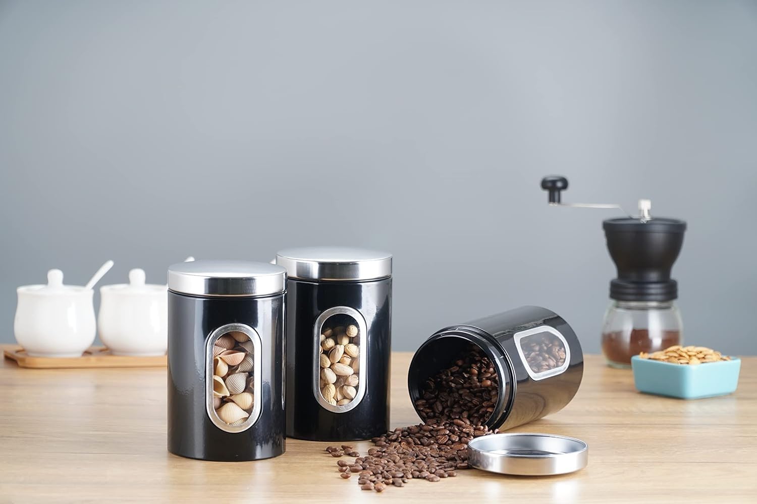 3 pezzi di cereali grossolani da cucina, tè, zucchero, barattoli per conservare freschi chicchi di caffè, barattoli sigillati in acciaio inox, kit nero
