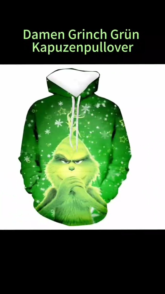 Boseucn Weihnachten Kapuzenpullover Damen Grinch Grün Kordelzug Hoodie Ugly 3D Lustig Drucken Langarm Pullover Sweatshirt Mit Kapuze Winter Oversize Tops Festlich Kapuzenpulli Streetwear Sweatjacke