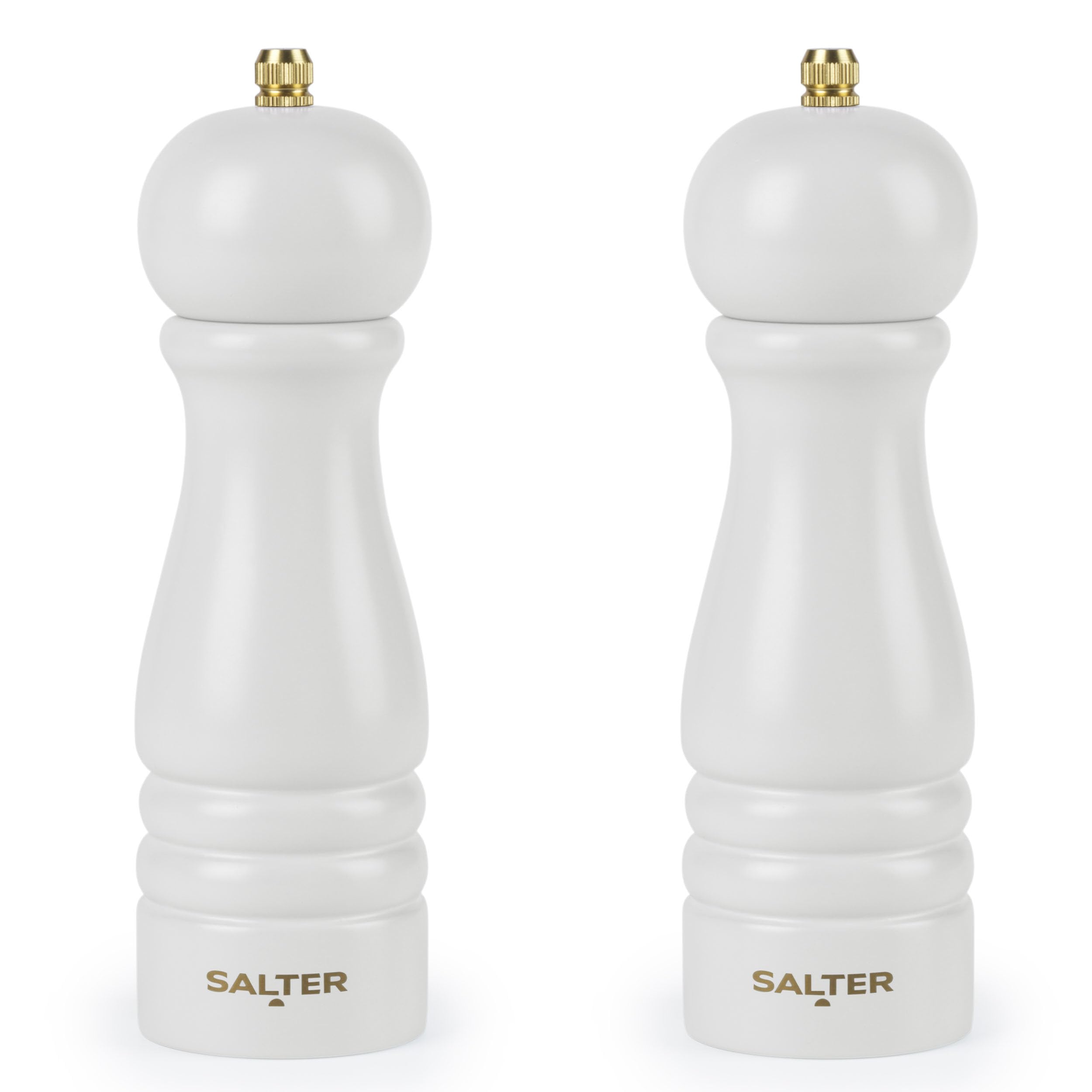 SALTER OLEA 소금 후추 분쇄기 2개 세트 - 단일 나무 조미료 분쇄기, 거친 것부터 고운 것까지 조절 가능한 분쇄, 세라믹 메커니즘, 소금 결정 및 통후추를 위한 수동 분쇄, 소박한 회색