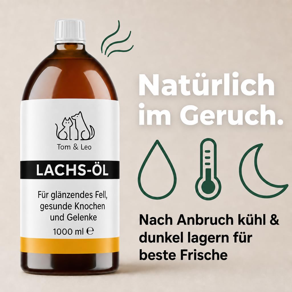 Tom & Leo Huile de saumon pour chiens et chats 1000 ml – Huile de saumon sauvage avec oméga 3-6-9, idéale pour la peau et le pelage, huile de poisson de qualité supérieure pour chiens