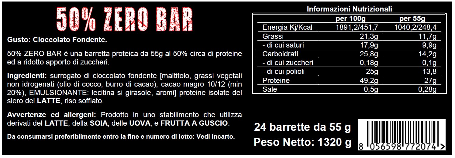 Barrette Proteiche Senza Zucchero 50% Zero Bar FlorioSport 24 pz da 55g al 50% di Proteine del Siero del latte isolate Whey - Peso Netto 1320g (Cioccolato Fondente)