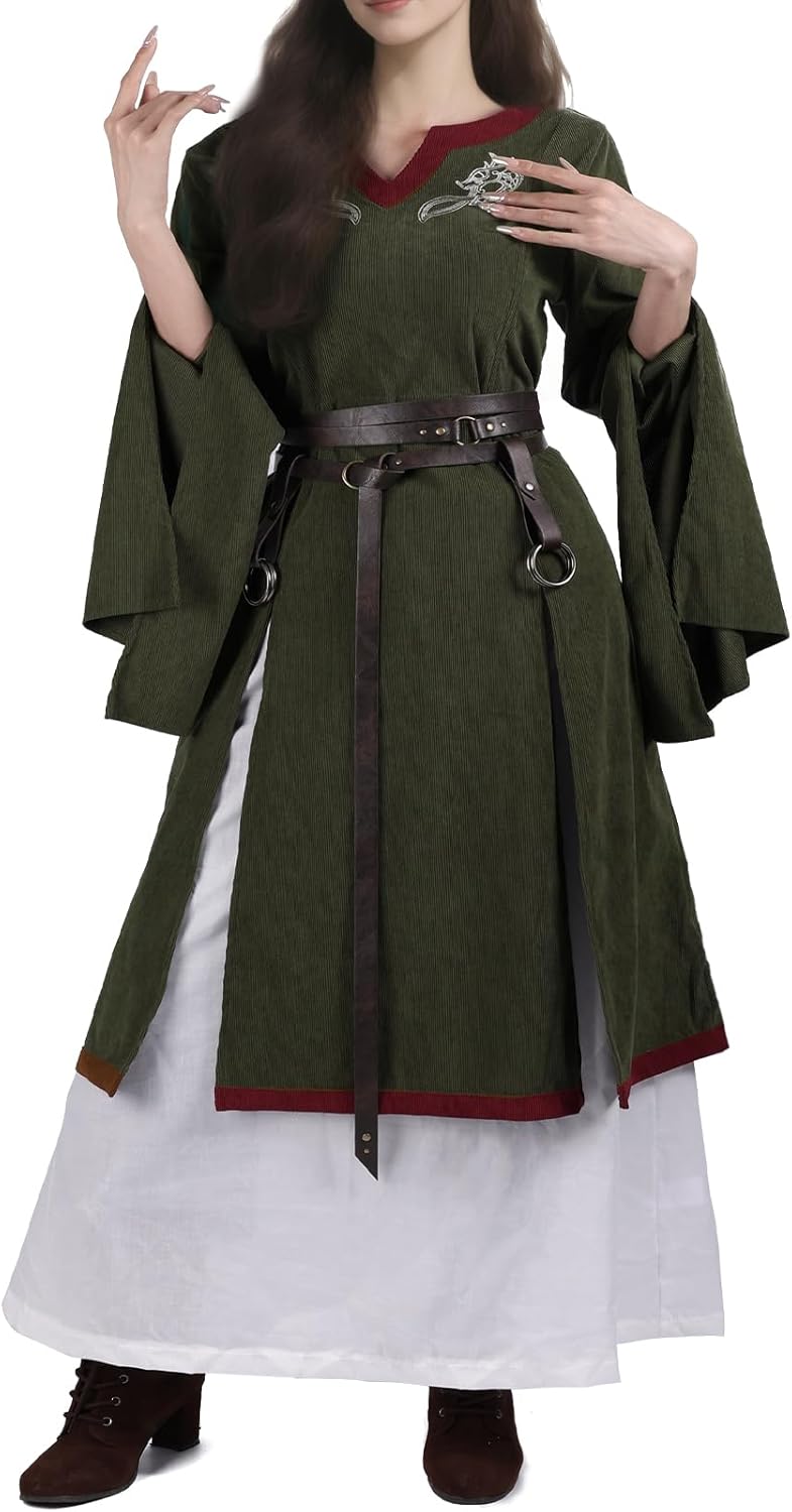 HiiFeuer 4 Pcs Renaissance Costume Women Embroidery Dress, Medieval Belt Skirt Hike Witch Dress Cosplay for Ren Faire