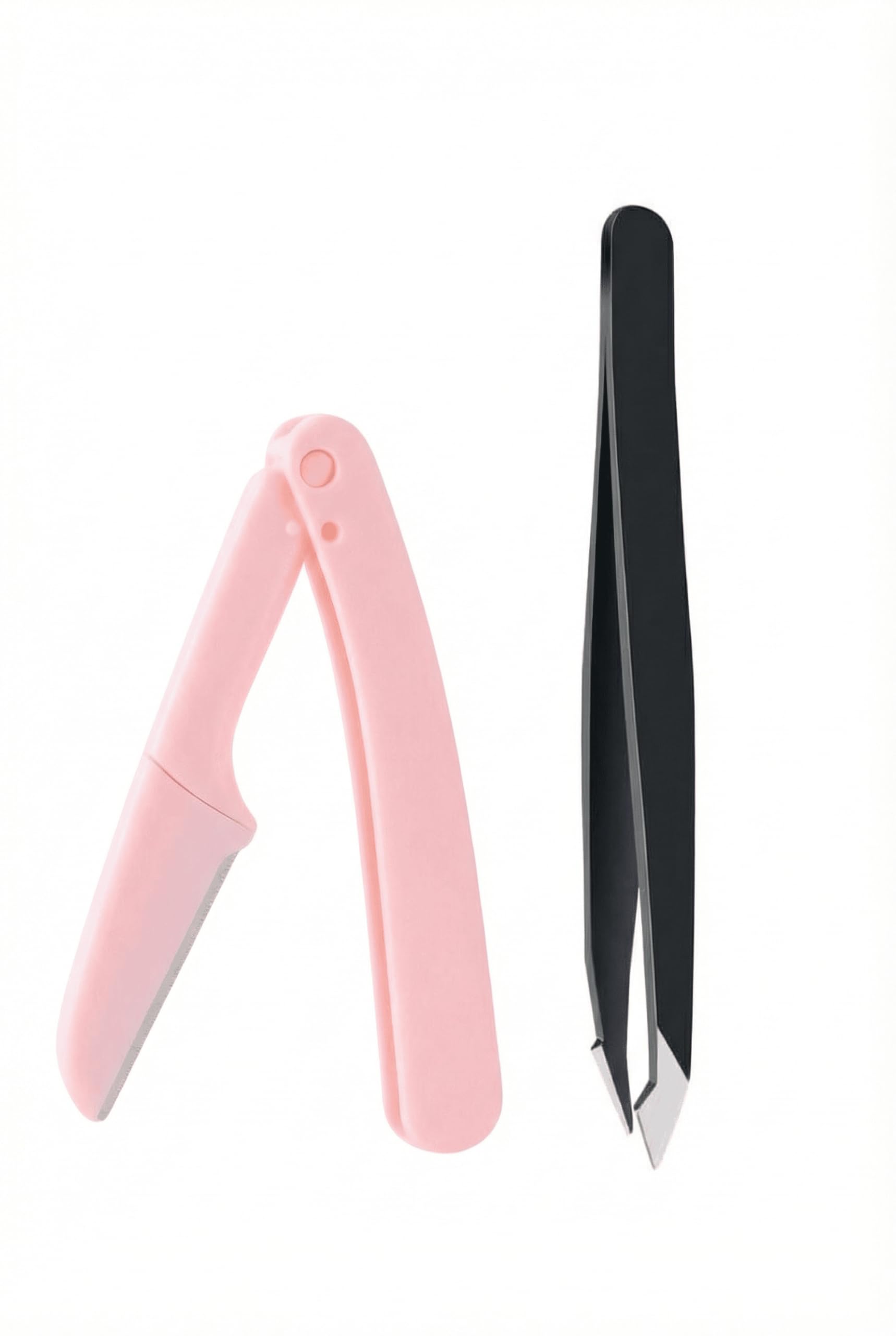 Eyebrow Tweezers & Folding Eyebrow Razor Set – 1 Slant Tip Brow Tweezer + 1 Foldable Brow Razor, Simple Grooming Tools