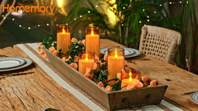 Image of Homemory Amber Flickering Flameless Candles, Battery Operated Acrylic LED Pillar Candles with Remote Control and Timer, Fall Candles, Set of 5