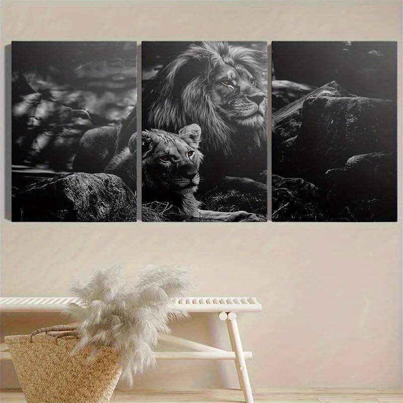 SDVIB Quadri su tela - Maestosi leoni in bianco e nero, stampe artistiche moderne, decorazione estetica e luminosa per il soggiorno (50x70 cm/3 pezzi senza cornice)