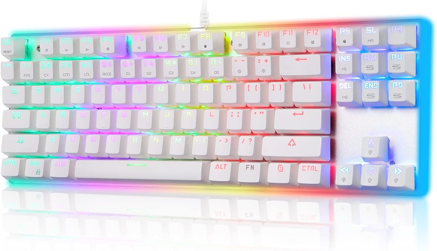 MOTOSPEED Gaming Mechanical Keyboard RGB Backlit Transparent Bottom Anti-ghosting 87 Keys,Illuminated USB Gaming Keyboard for Mac/PC/Laptop White