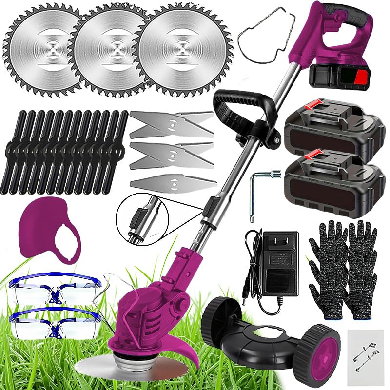 Cordless String Trimmer Set with 2 Batteries, 3 Saw Blades, Safety Gear & Accessories, Available in Yellow, Silver, Pink (D Purple)