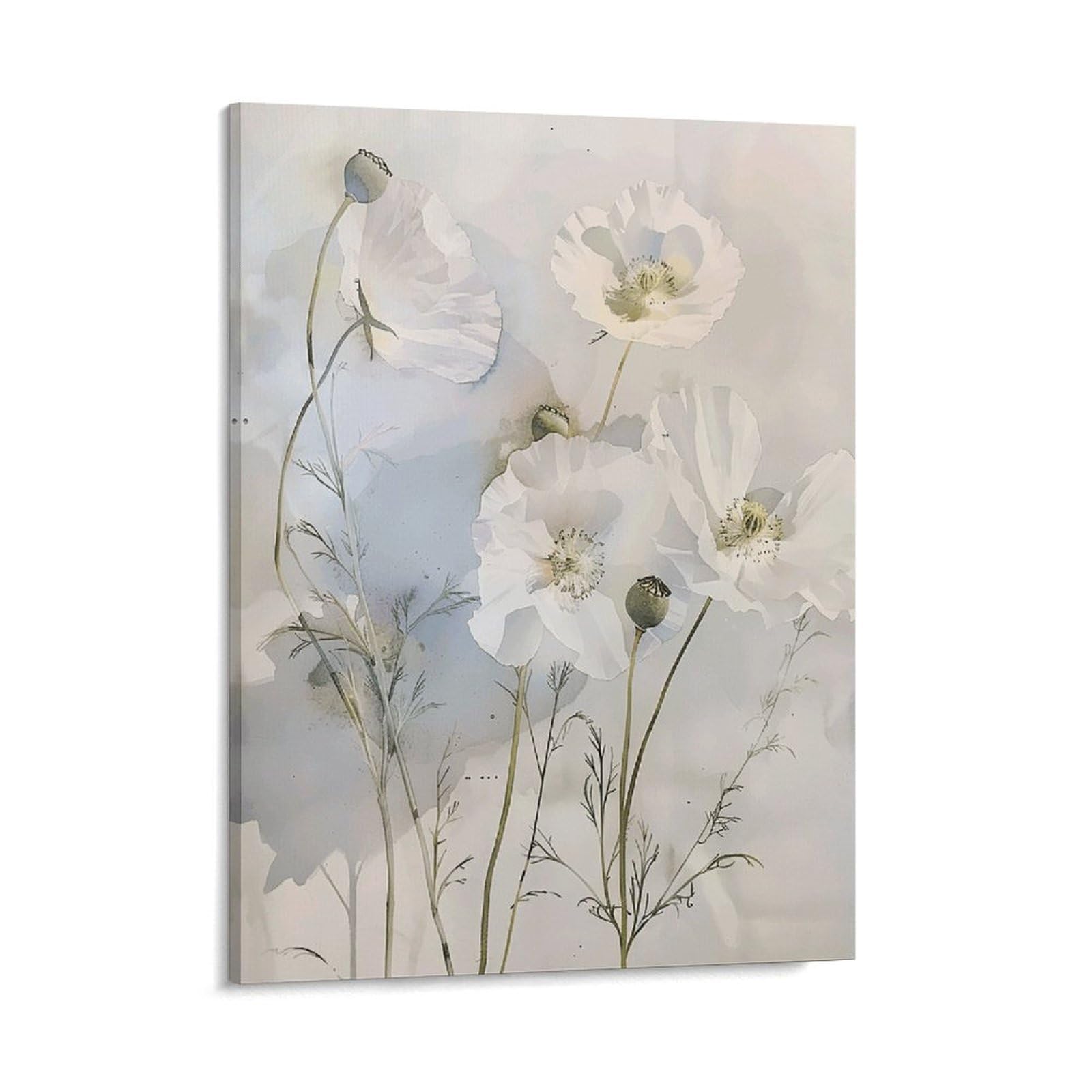 Delicate White Flowers Wall Art for Home, Abstract Canvas Framed Painting for Living Room, Portable Poster Print for Wall Decor, Personalized Artwork Picture for Hallway, Bedroom 16x20inch(41x51cm)
