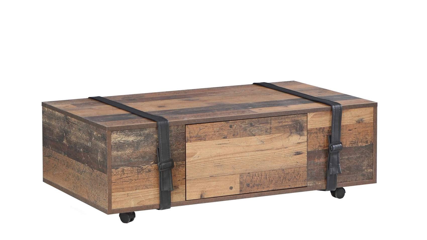 Forte FOBYA Couchtisch 110, Tisch auf Rollen mit 1 Schublade, Wohnzimmertisch, Sofatisch rustikal, Beistelltisch, Holzwerkstoff, Old-Wood Vintage Holzdekor, 110 cm breit x 35,6 cm hoch x 60,2 cm tief