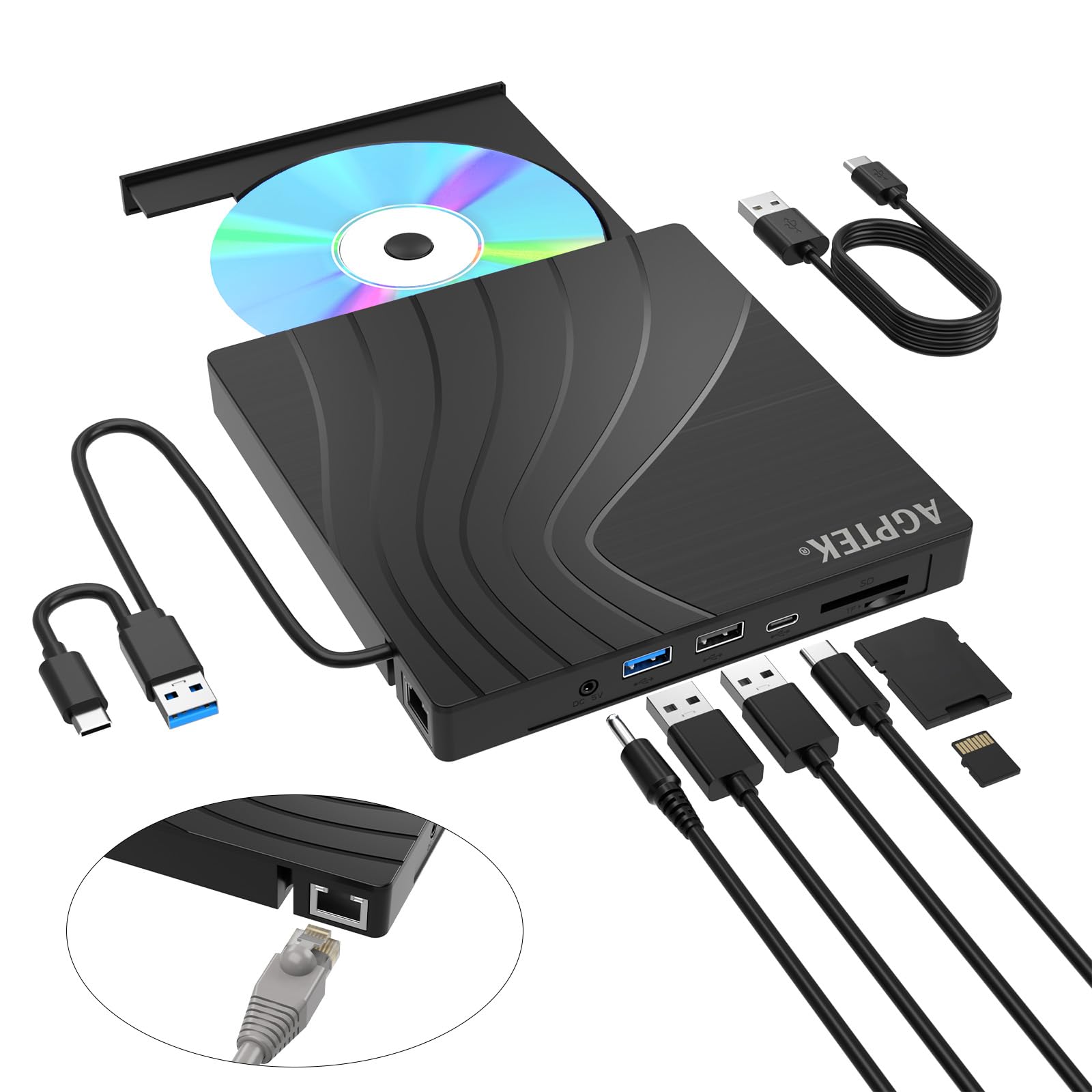 AGPTEK Lettore CD/DVD esterno per laptop, masterizzatore DVD sottile USB 3.0 | Lettore CD/DVD con adattatore Ethernet, slot per schede TF/SD, porte USB, per laptop, PC, MacBook, Windows/Linux/Mac OS