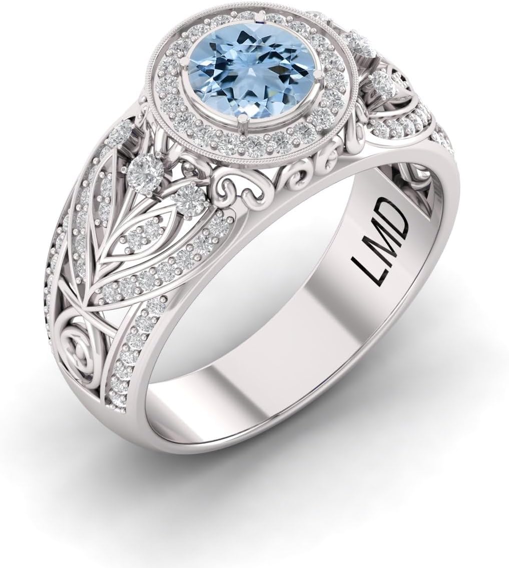 Natural Aquamarine Ring for Women, 6MM Round Cut 1.30 Carat Gemstone, 925 Sterling Silver Dainty Birthstone Jewelry, Vintage Engagement Promise Ring Gift