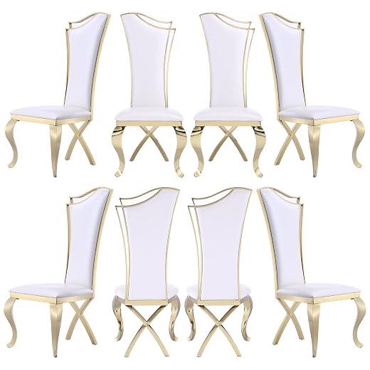 Asday 96 Pieces Dining Chair, White Leather Upholstered Dining Chairs Set of 96, Modern Gorgeous Streamlined High Back Chair with Gold Mirror Curved and X-Shaped Metal Legs