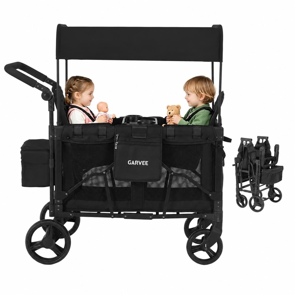 Bollerwagen Für 2 Kinder, Bollerwagen Faltbar Kinder mit Snack Ablage Bollerwagen mit Sitzen, abnehmbarem Sonnendach, 5-Punkt, schwenkbaren/feststellbaren Rädern und 600D Oxford-Gewebe