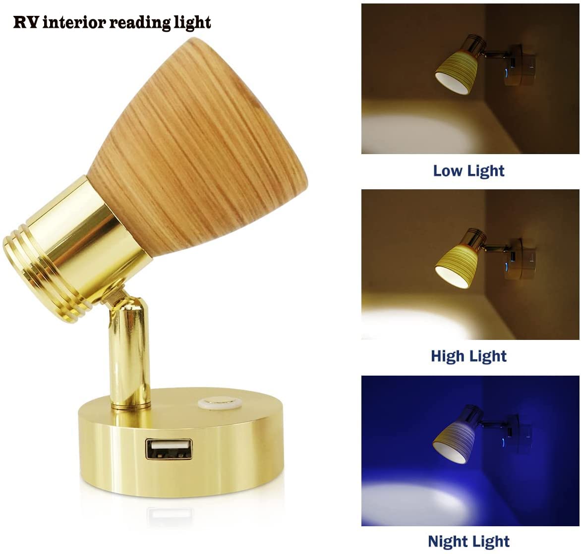 2 luces de lectura RV de 12 voltios con puerto USB, vidrio esmerilado con acabado pulido de madera, luces interiores, aluminio con acabado dorado