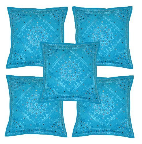 Sophia Art Housses de Maison brodées à la Main Couvre-Meubles de Travail et Coussin décoratif Miroir Marron Coussin en Coton Indien 16 x 16 Pouces (Turquoise, 05 Pcs Set (16"x 16"))