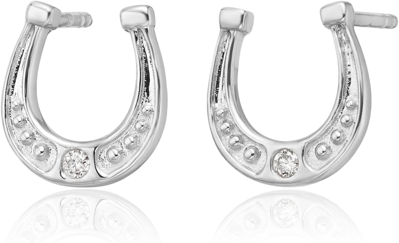 IceCarats 925 Sterling Silver Diamond Accent Large Horseshoe Stud Earrings 11.22mm 0.4 inch Prong Set, Butterfly Back For Her