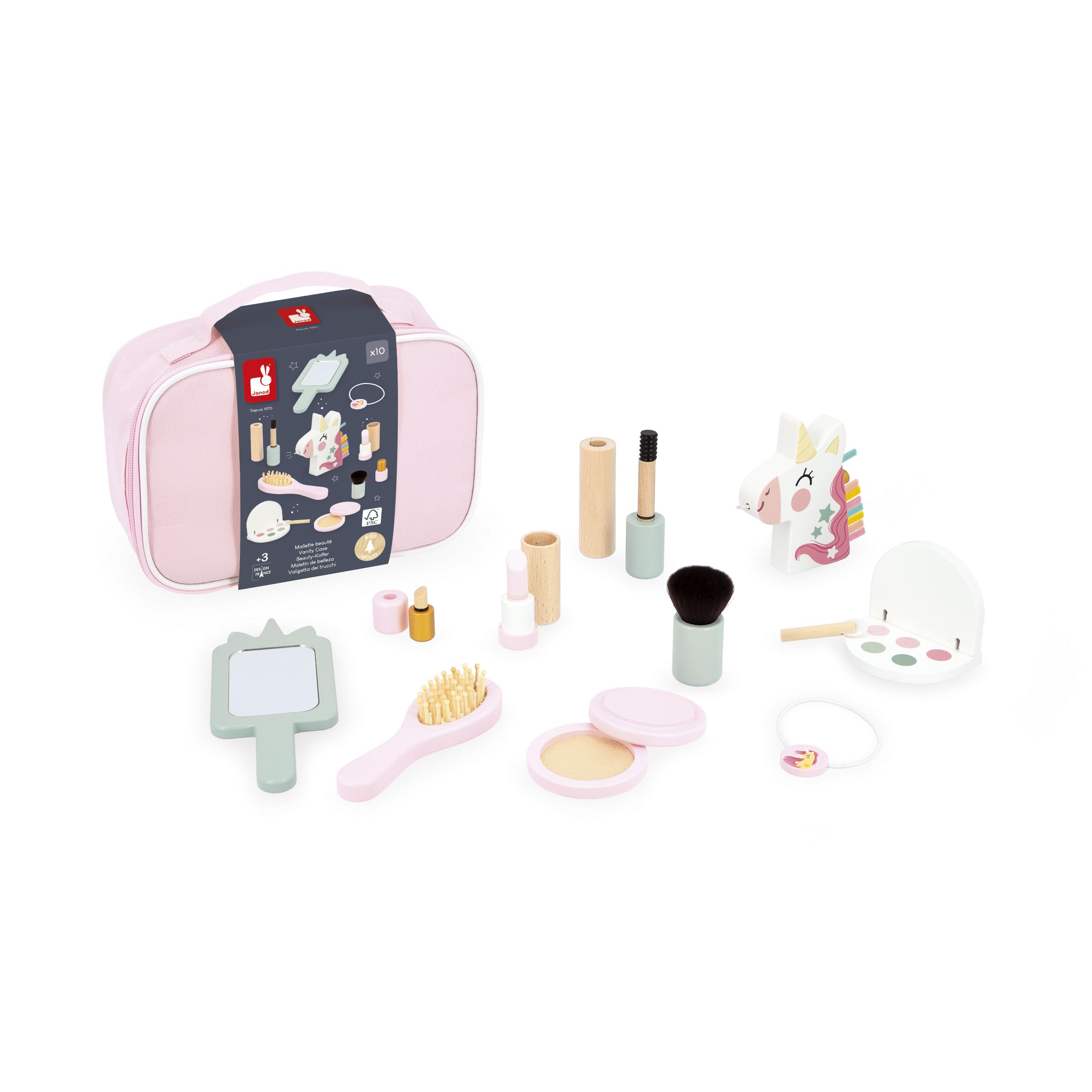 Janod Beauty Case, Tema Unicorno, 10 Accessori in Dotazione, Giocattoli per Il Trucco in Legno FSC, Kit di Giocattoli Cosmetici, da 3 Anni, J06465